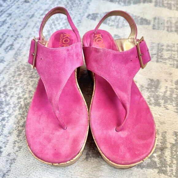 KORS Michael Kors Pink Suede and Cork Platform Sandals - Picture 6 of 12